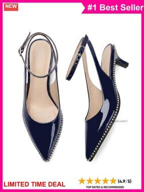 Kitten Heel Slingback Pumps Patent Leather Pointed Toe Buckle Ankle Strap Dress